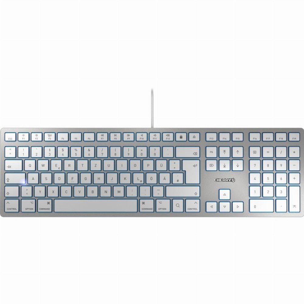 CHERRY KC 6000 SLIM für MAC Kabelgebundene Tastatur, Silber/ Weiß, USB (QWERTZ - DE), Volle Größe (100%), USB, QWERTZ, Silber