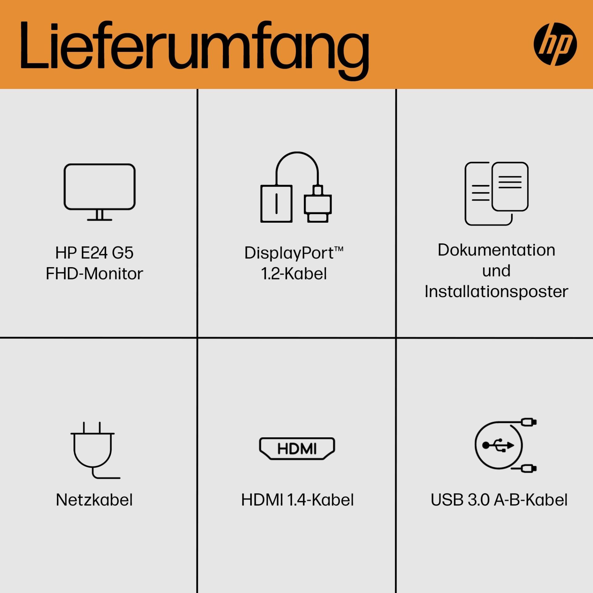 HP E-Series E24 G5 FHD Monitor, 60,5 cm (23.8 Zoll), 1920 x 1080 Pixel, Full HD, LED, 5 ms, Silber, Schwarz