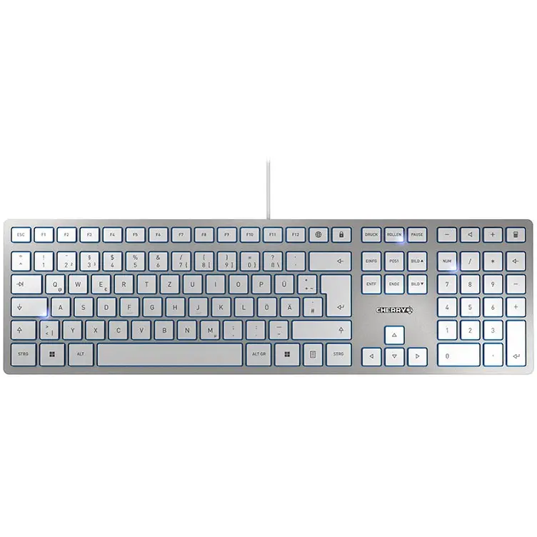 CHERRY KC 6000 SLIM Kabelgebundene Tastatur, Silber/ Weiß, USB (QWERTZ - DE), Volle Größe (100%), Kabelgebunden, USB, QWERTZ, Silber