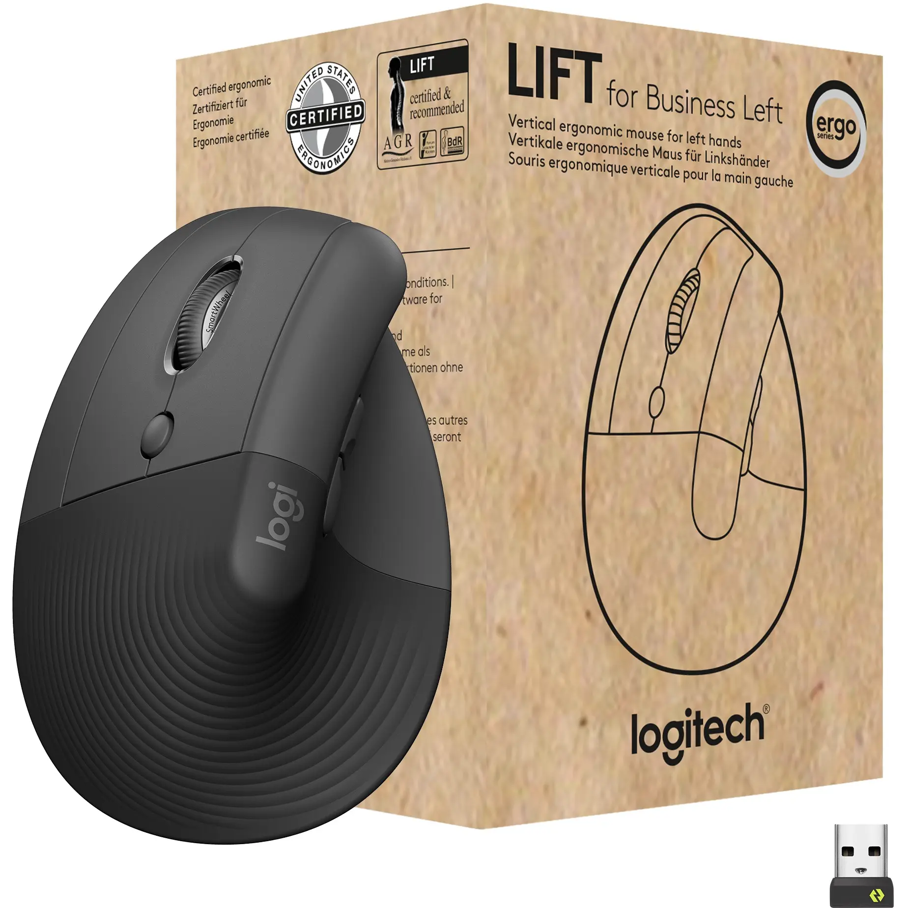 Logitech Lift for Business, Linkshändig, Vertikale Ausführung, Optisch, RF Wireless + Bluetooth, 4000 DPI, Graphit