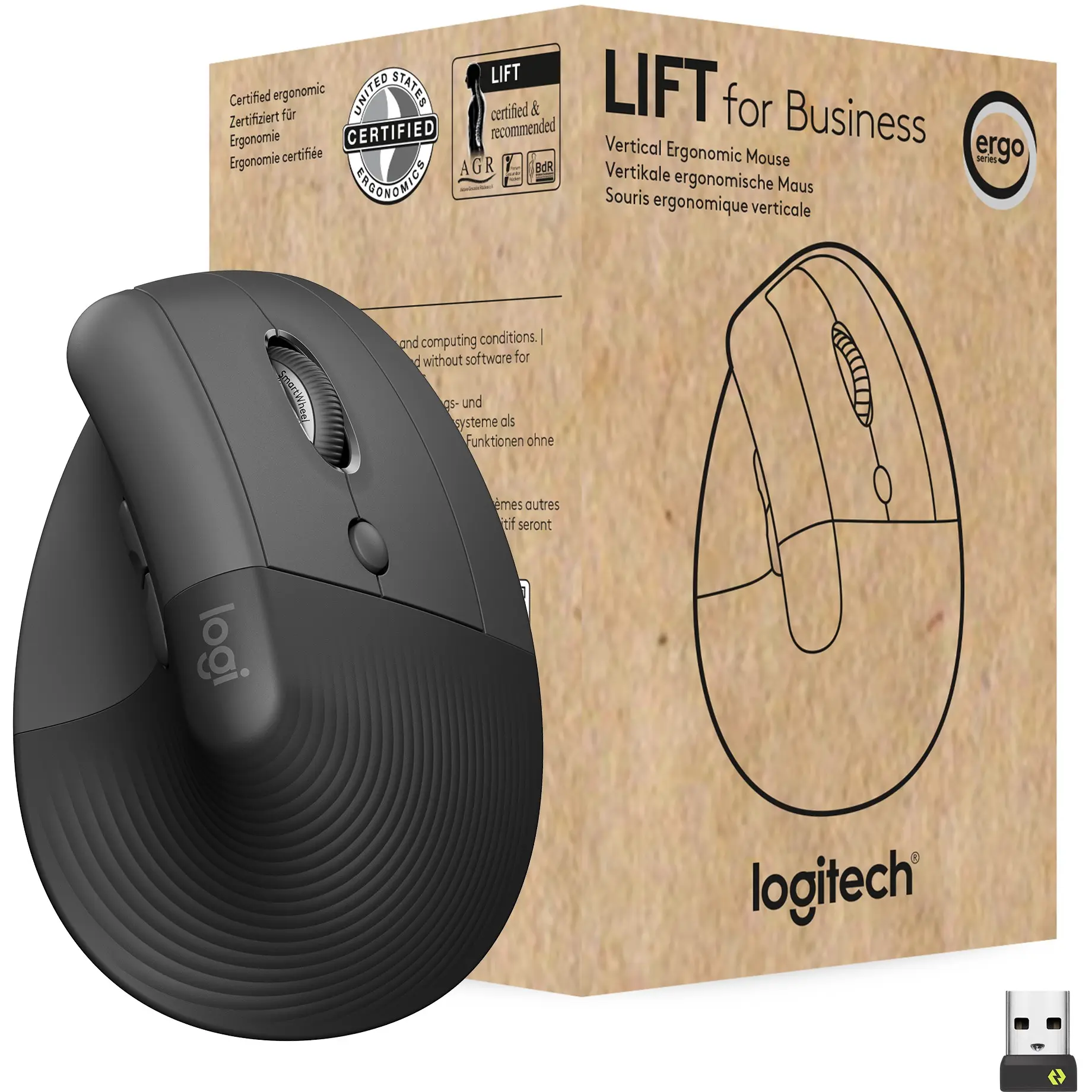 Logitech Lift for Business, rechts, Vertikale Ausführung, Optisch, RF Wireless + Bluetooth, 4000 DPI, Graphit